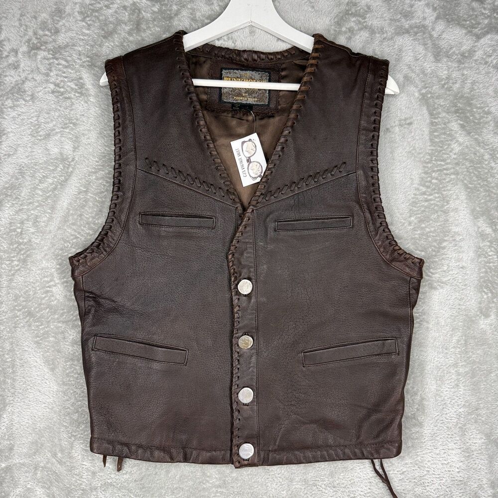 Vtg Bunkhouse Pioneer Wear Vest Mens Medium Brown Leather Biker Cowboy Western